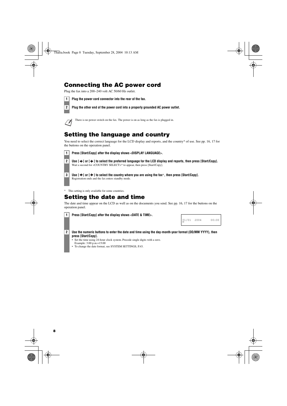 Connecting the ac power cord, Setting the language and country, Setting the date and time | Canon FAX-TT250 User Manual | Page 8 / 59