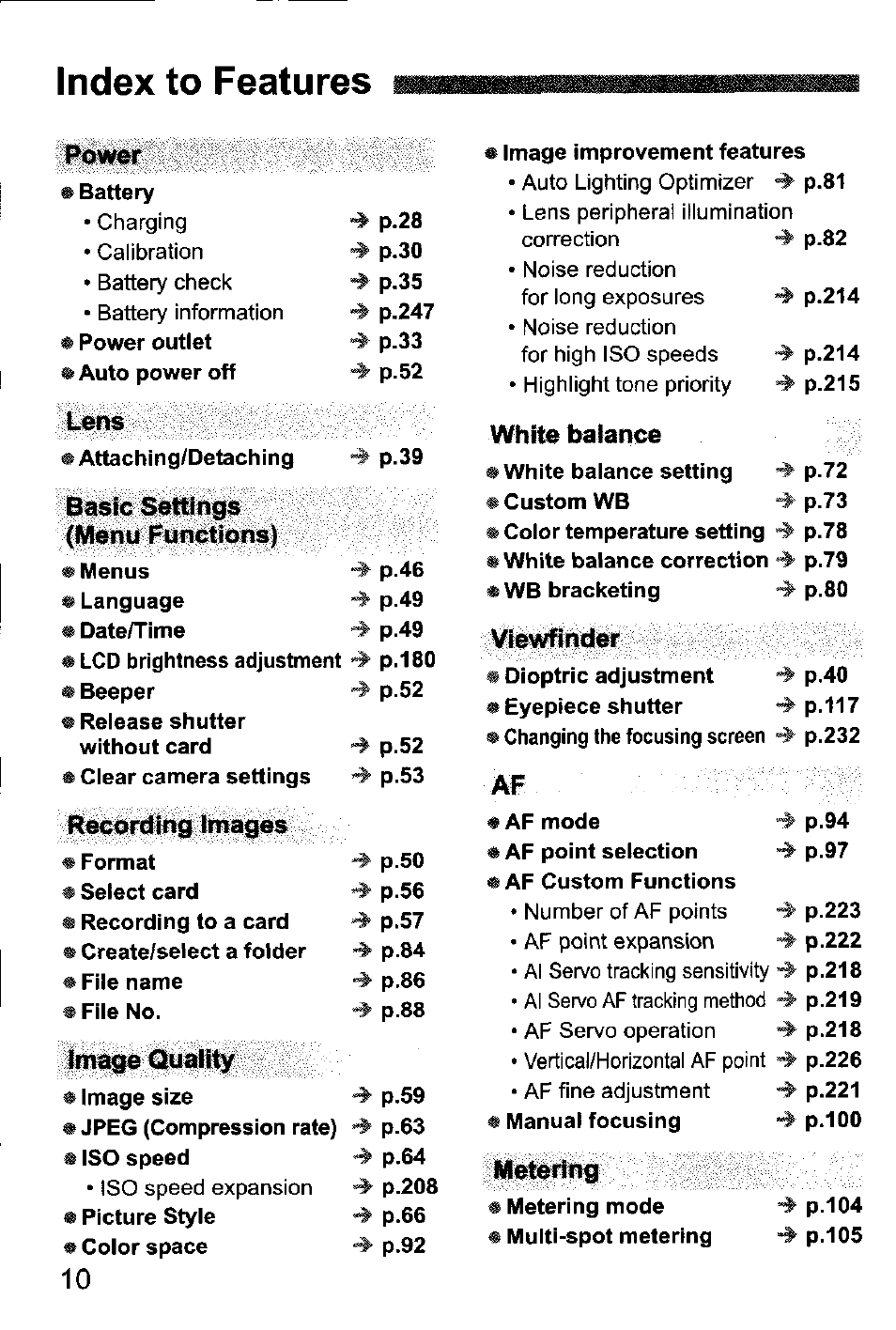 Index to features, Viewfinder, Metering | Canon EOS-1D Mark IV User Manual | Page 10 / 276