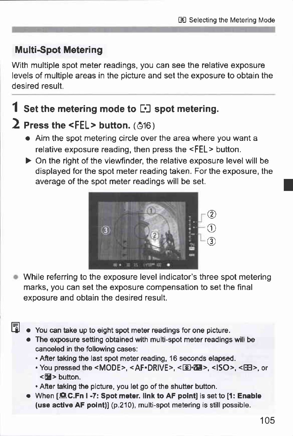 Multi-spot metering, 1 set the metering mode to e’h spot metering, Press the <fel> button. (516) | Canon EOS-1D Mark IV User Manual | Page 105 / 276