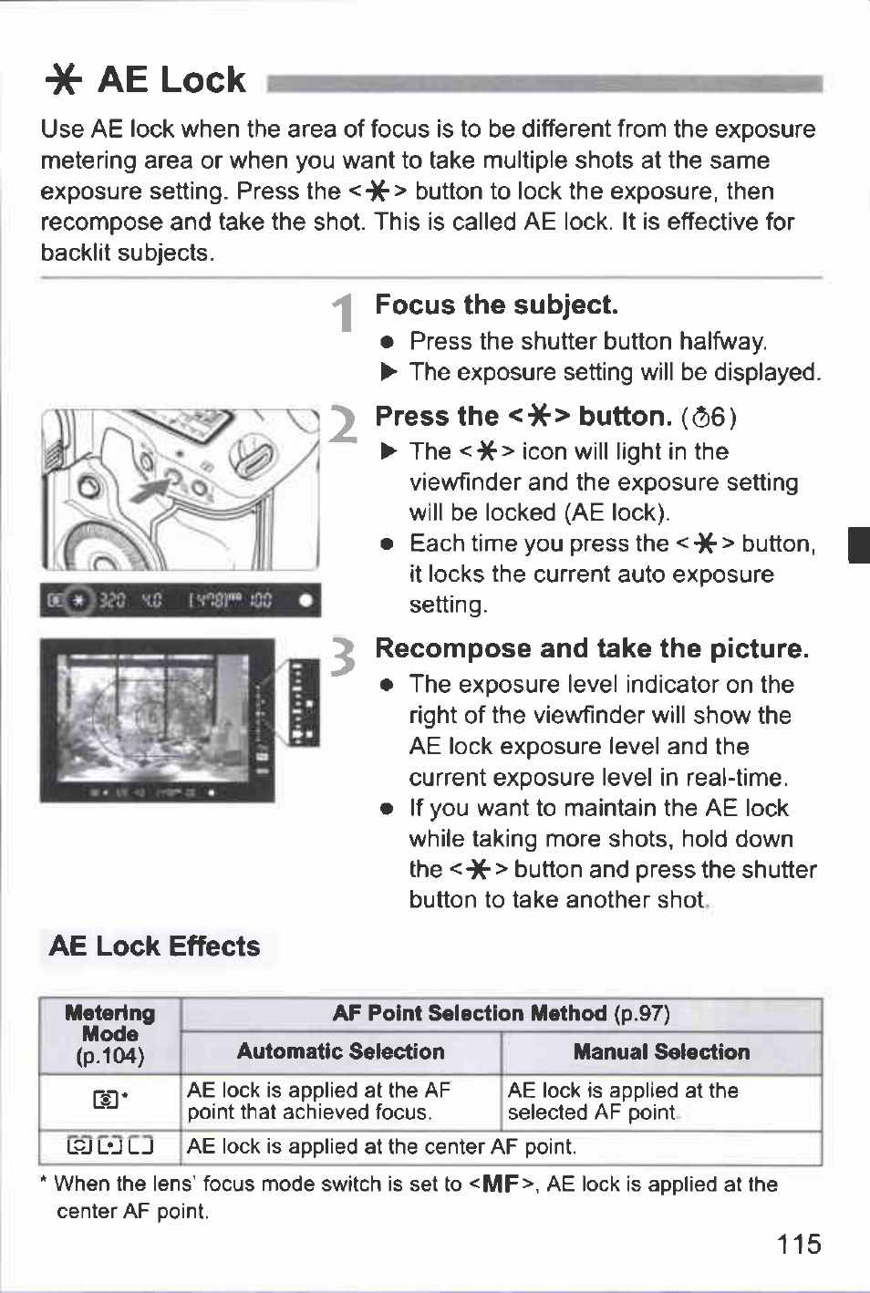 Focus the subject, Press the <■)(■> button. ((56), Recompose and take the picture | Ae lock effects, Ae lock | Canon EOS-1D Mark IV User Manual | Page 115 / 276