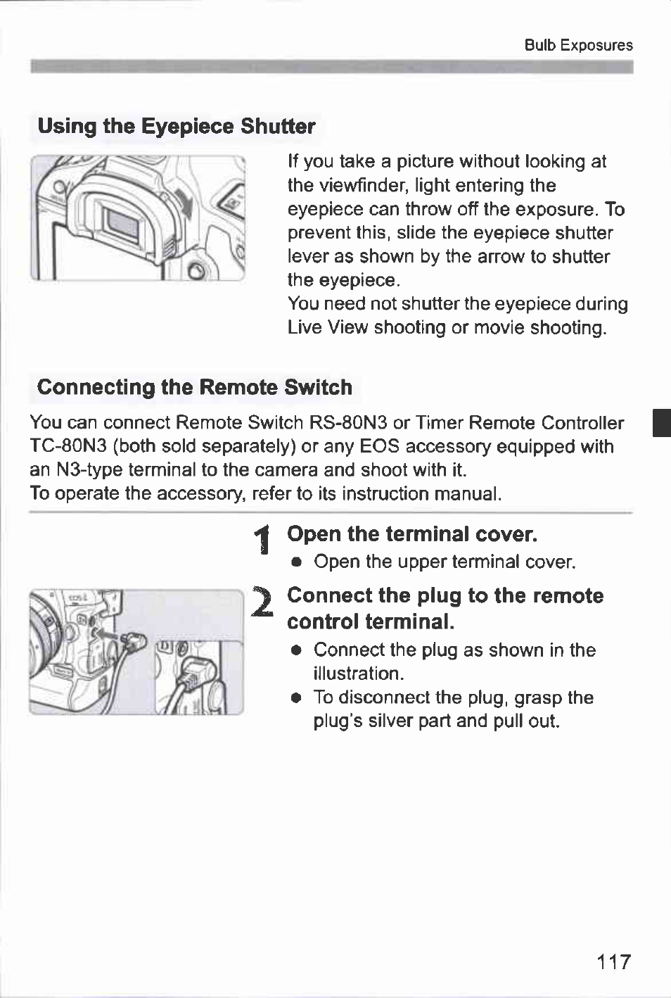 Using the eyepiece shutter, Connecting the remote switch, 1 open the terminal cover | Connect the plug to the remote control terminal | Canon EOS-1D Mark IV User Manual | Page 117 / 276