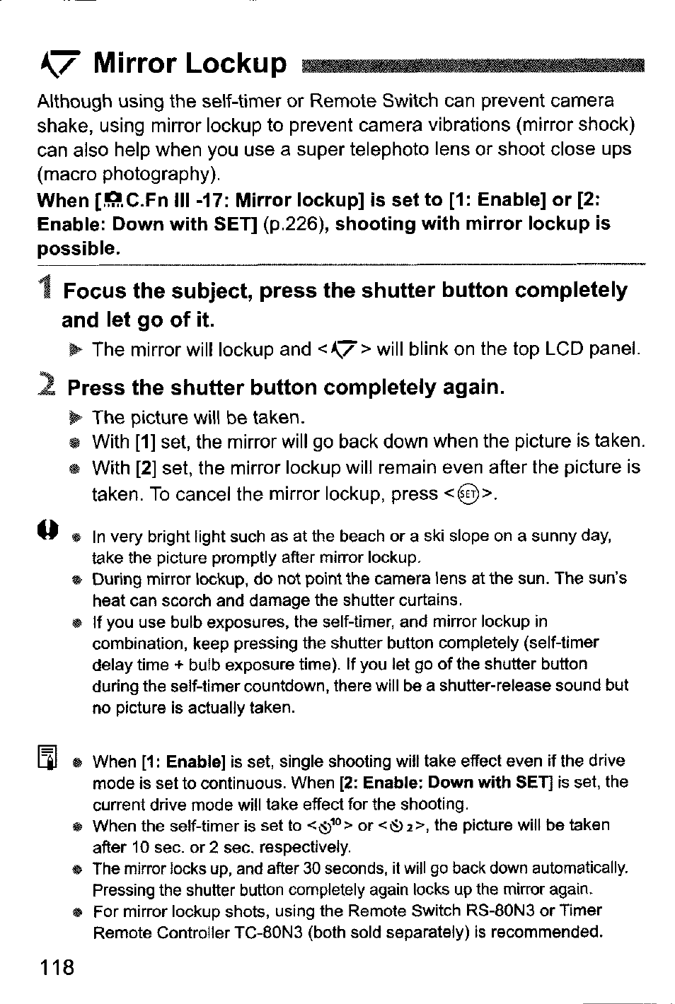 Ky^ mirror lockup, 2 press the shutter button completely again, Mirror lockup | Canon EOS-1D Mark IV User Manual | Page 118 / 276