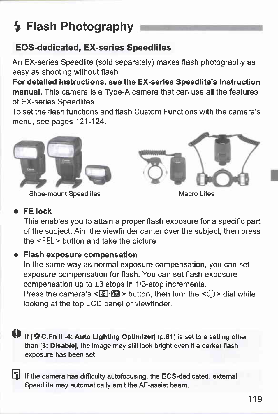 V flash photography, Eos-dedicated, ex-series speedlites, Flash photography | Canon EOS-1D Mark IV User Manual | Page 119 / 276