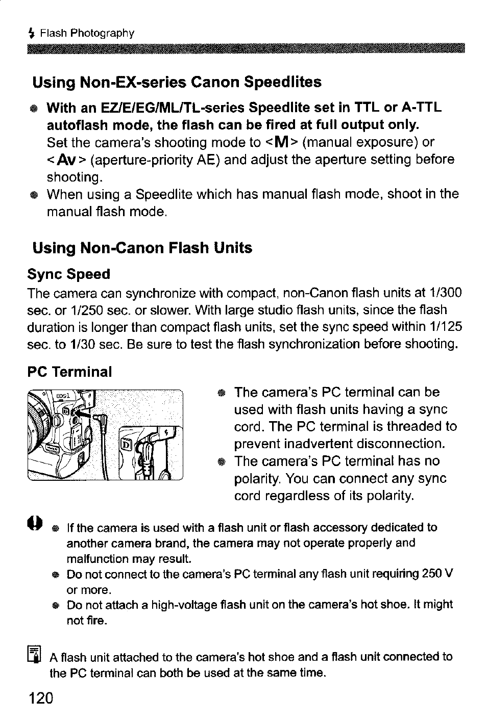 Using non-ex-series canon speedlites, Using non-canon flash units sync speed | Canon EOS-1D Mark IV User Manual | Page 120 / 276