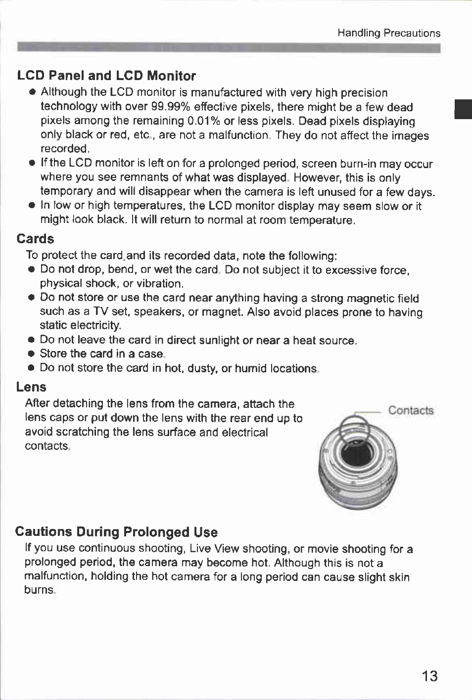 Lcd panel and lcd monitor, Cards, Lens | Cautions during proionged use | Canon EOS-1D Mark IV User Manual | Page 13 / 276