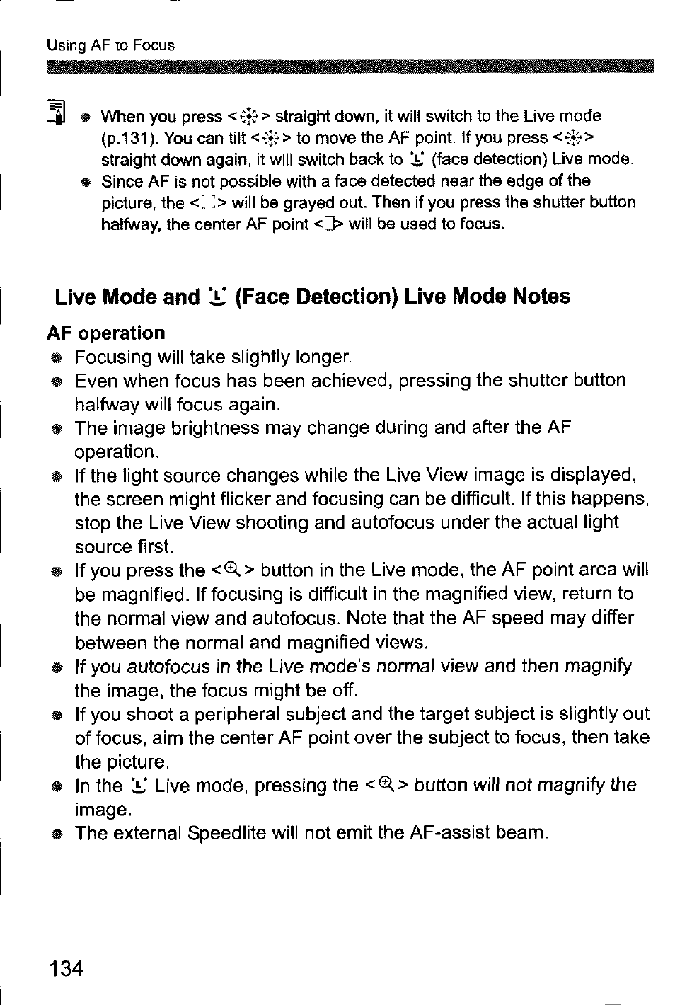 Live mode and x (face detection) live mode notes, Live mode and | Canon EOS-1D Mark IV User Manual | Page 134 / 276