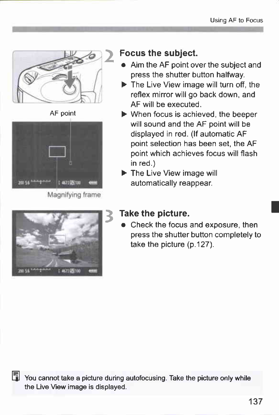 Focus the subject, Take the picture | Canon EOS-1D Mark IV User Manual | Page 137 / 276