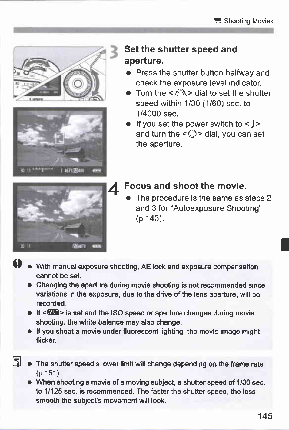 Set the shutter speed and, Aperture, Focus and shoot the movie | Set the shutter speed and aperture | Canon EOS-1D Mark IV User Manual | Page 145 / 276