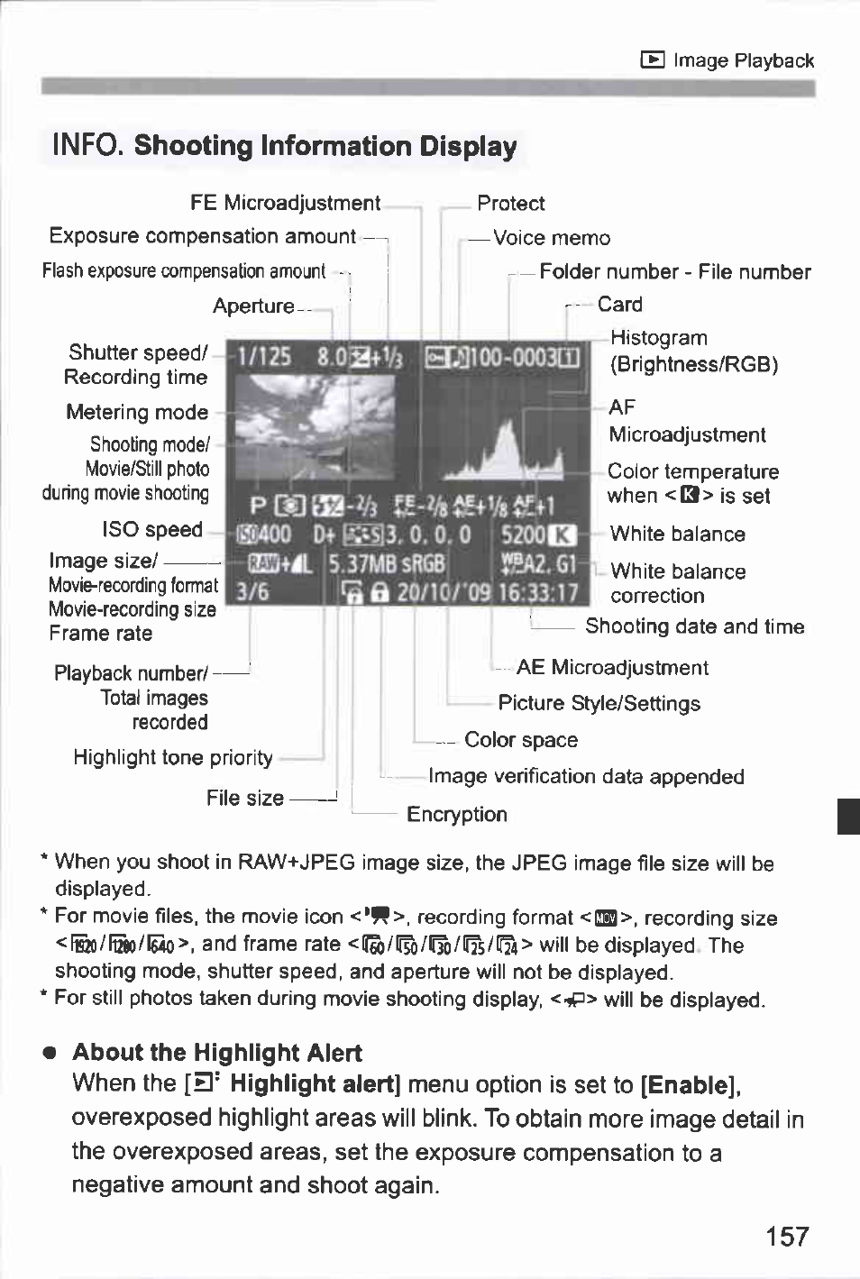 Info. shooting information display, About the highlight aiert | Canon EOS-1D Mark IV User Manual | Page 157 / 276