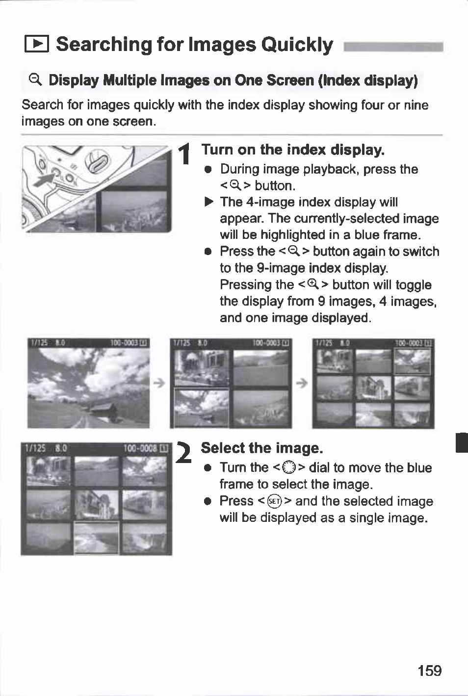 He searching for images quickly, Turn on the index display, Select the image | H searching for images quickly | Canon EOS-1D Mark IV User Manual | Page 159 / 276