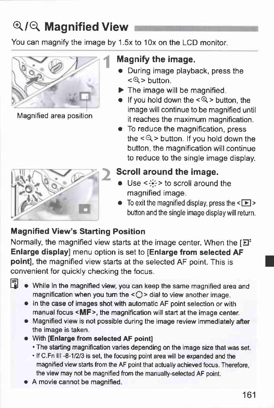 Magnified view, Magnify the image, Scroll around the image | Magnified view’s starting position | Canon EOS-1D Mark IV User Manual | Page 161 / 276