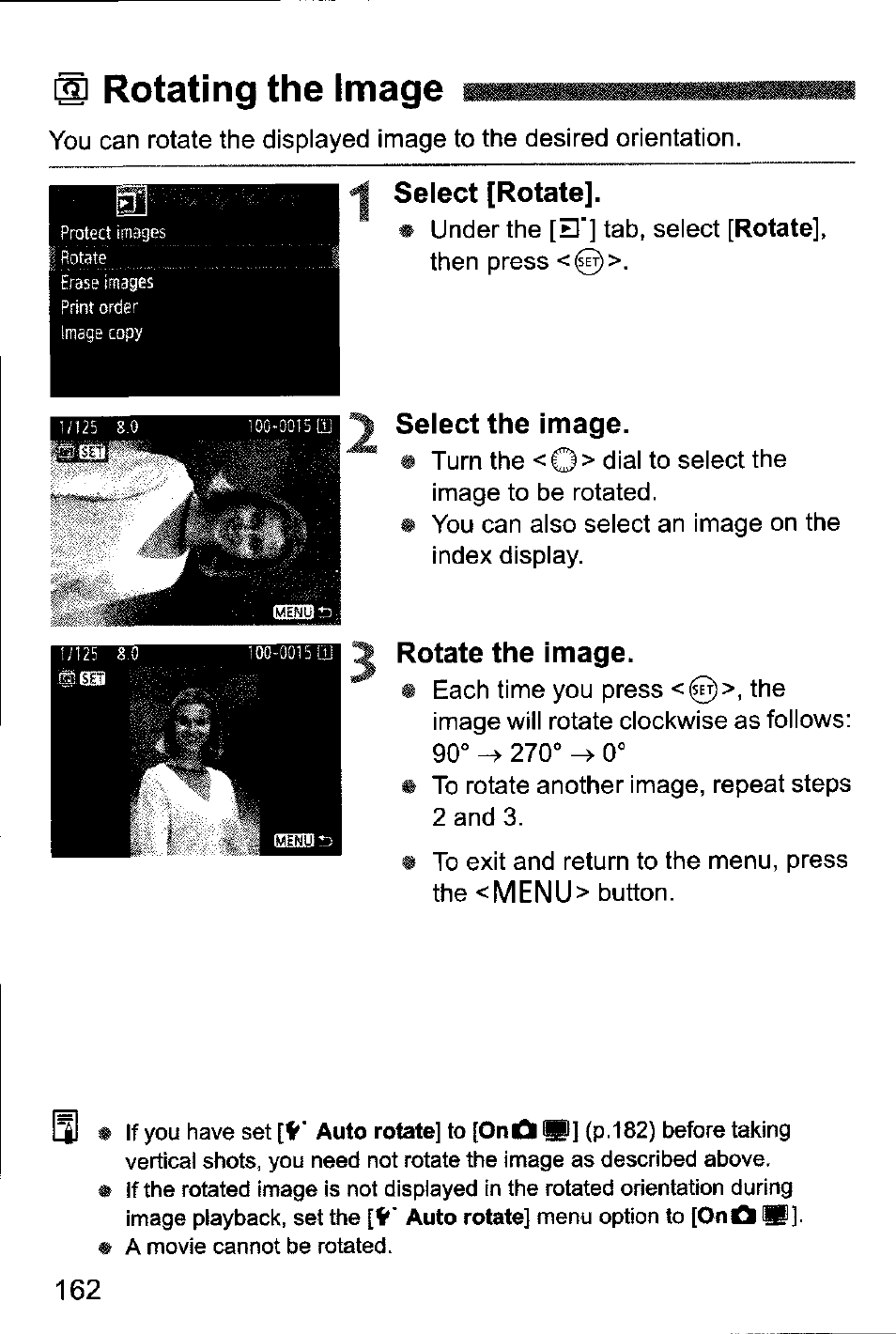 Isi rotating the image, Select [rotate, Select the image | Rotate the image, 111 rotating the image, M e n u | Canon EOS-1D Mark IV User Manual | Page 162 / 276