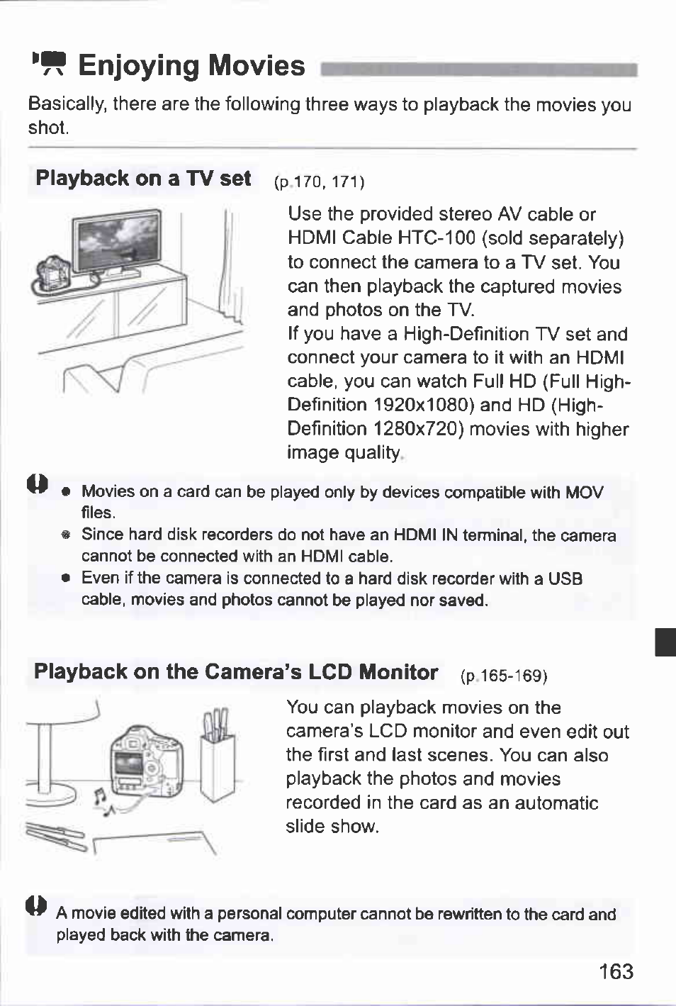 Enjoying movies, Playback on a tv set (pi70, i7i), Playback on the camera’s lcd monitor (p 165-169) | Canon EOS-1D Mark IV User Manual | Page 163 / 276