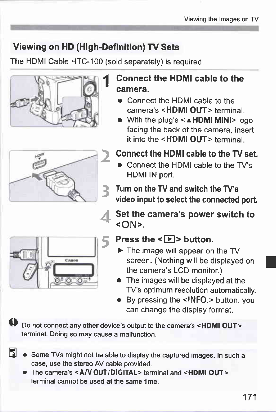 Viewing on hd (high-definition) tv sets, Connect the hdmi cable to the, Camera | Connect the hdmi cable to the tv set, Turn on the tv and switch the tv’s, Video input to select the connected port, Set the camera’s power switch to, Press the <h> button, Connect the hdmi cable to the camera | Canon EOS-1D Mark IV User Manual | Page 171 / 276
