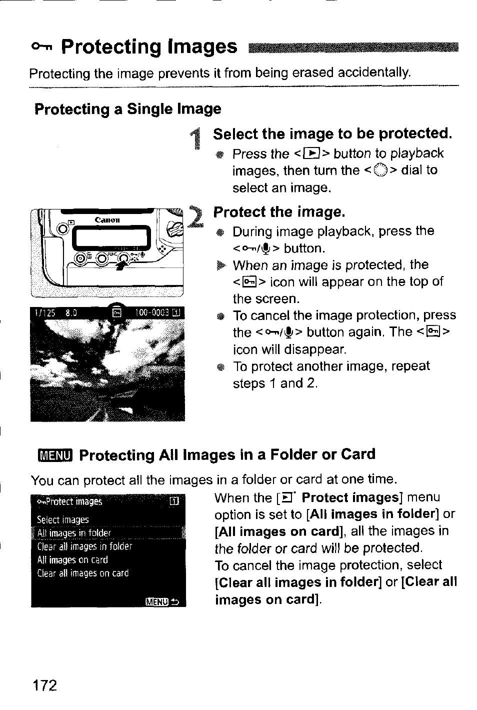 Protecting images, Protecting a single image, 1 select the image to be protected | Protect the image, T’iiailu protecting all images in a folder or card | Canon EOS-1D Mark IV User Manual | Page 172 / 276