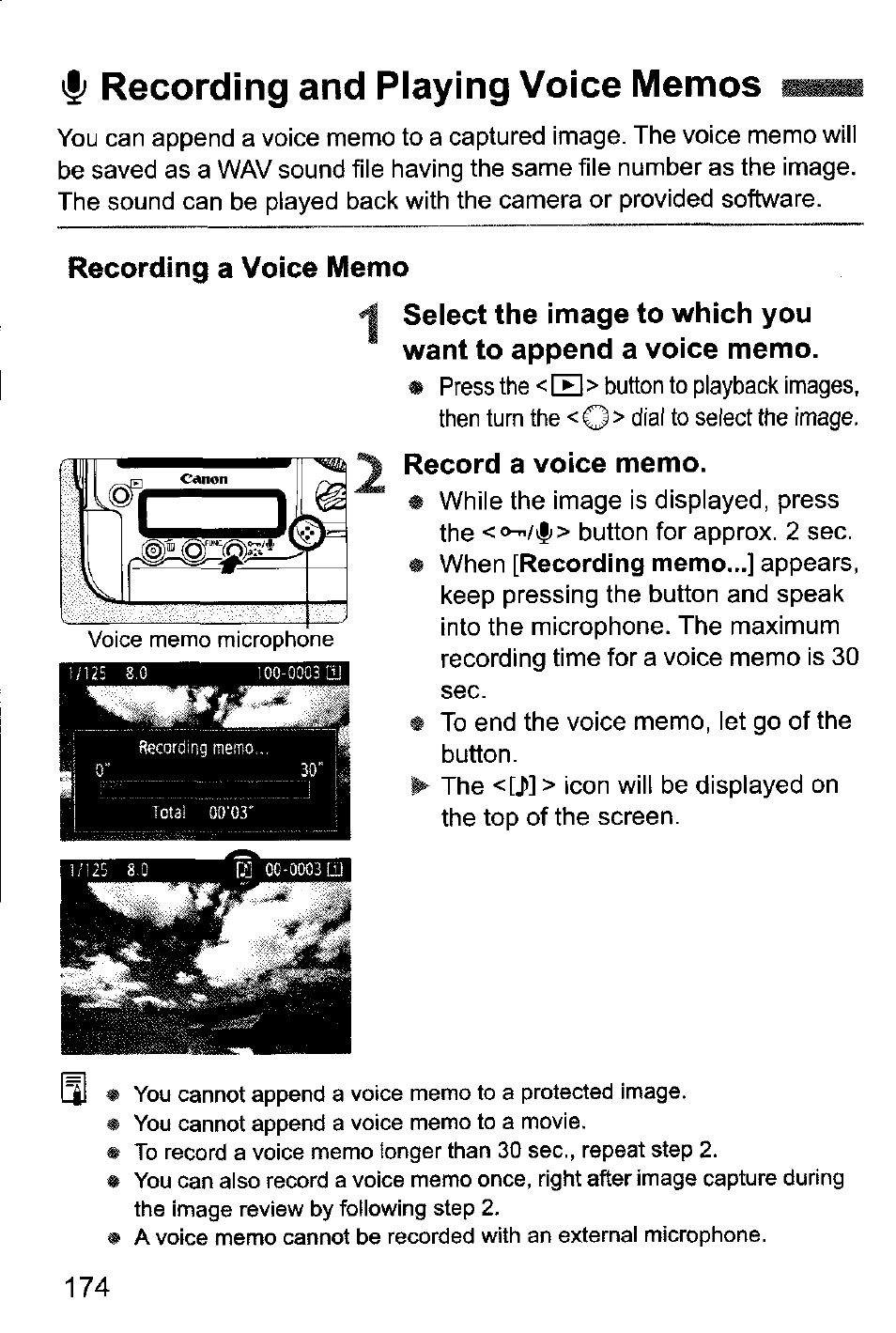 Recording and playing voice memos, Recording a voice memo, Select the image to which you | Want to append a voice memo, Record a voice memo | Canon EOS-1D Mark IV User Manual | Page 174 / 276