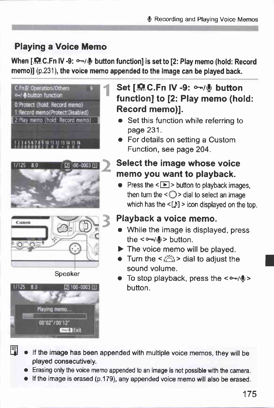 Playing a voice memo, Set [.is.c.fn iv -9: button, Function] to [2: play memo (hold | Record memo), Select the image whose voice, Memo you want to playback, Playback a voice memo | Canon EOS-1D Mark IV User Manual | Page 175 / 276