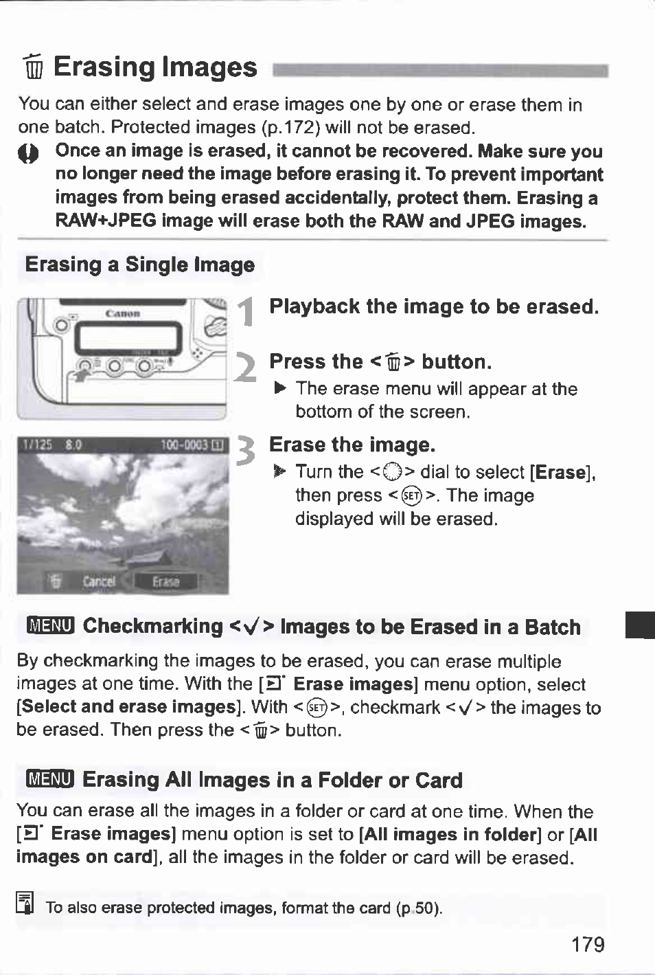 Erasing images, Erasing a single image, Playback the image to be erased | Press the <w> button, Erase the image, Checkmarking <>/> images to be erased in a batch, Erasing all images in a folder or card | Canon EOS-1D Mark IV User Manual | Page 179 / 276