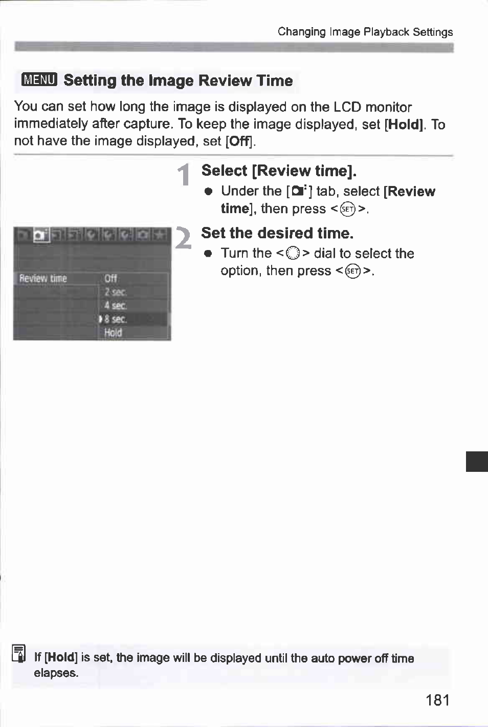 Setting the image review time, Select [review time, Set the desired time | Canon EOS-1D Mark IV User Manual | Page 181 / 276