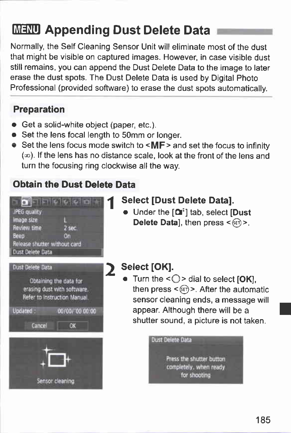 Lilnkmlj appending dust delete data, Preparation, Obtain the dust deiete data | Seiect [dust deiete data, Seiect [ok, Appending dust delete data | Canon EOS-1D Mark IV User Manual | Page 185 / 276