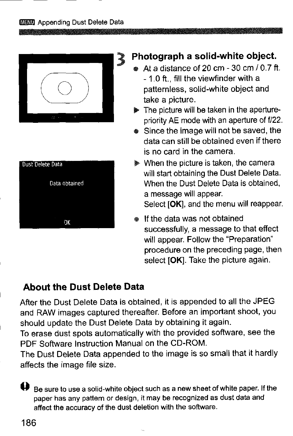 Photograph a solid-white object, About the dust delete data | Canon EOS-1D Mark IV User Manual | Page 186 / 276