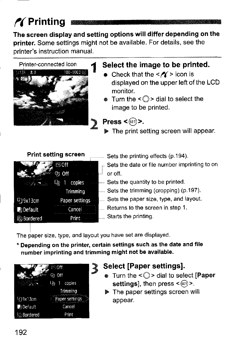 Printing, Select the image to be printed, Press | Select [paper settings | Canon EOS-1D Mark IV User Manual | Page 192 / 276