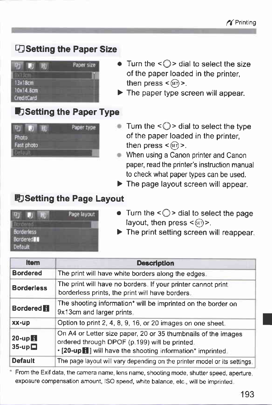 Resetting the paper size, Cisetting the paper type, Setting the page layout | Canon EOS-1D Mark IV User Manual | Page 193 / 276