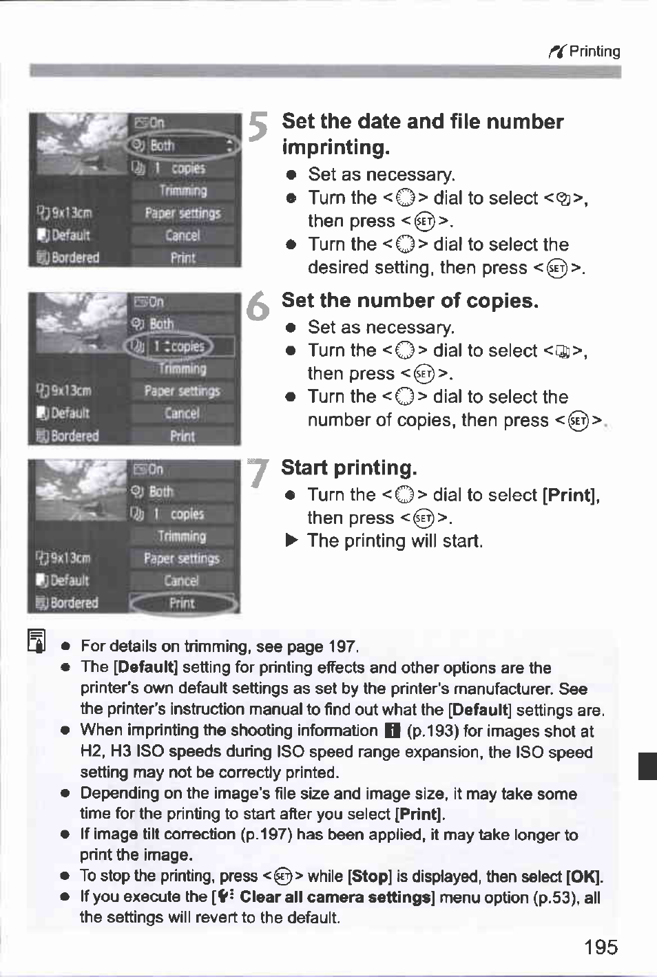 Set the date and file number imprinting, Set the number of copies, Start printing | Canon EOS-1D Mark IV User Manual | Page 195 / 276