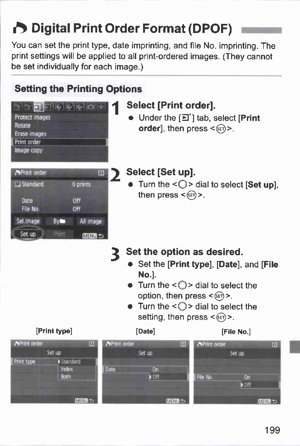 1^ digital print order format (dpof), Seiect [set up, Set the option as desired | Digital print order format (dpof) | Canon EOS-1D Mark IV User Manual | Page 199 / 276