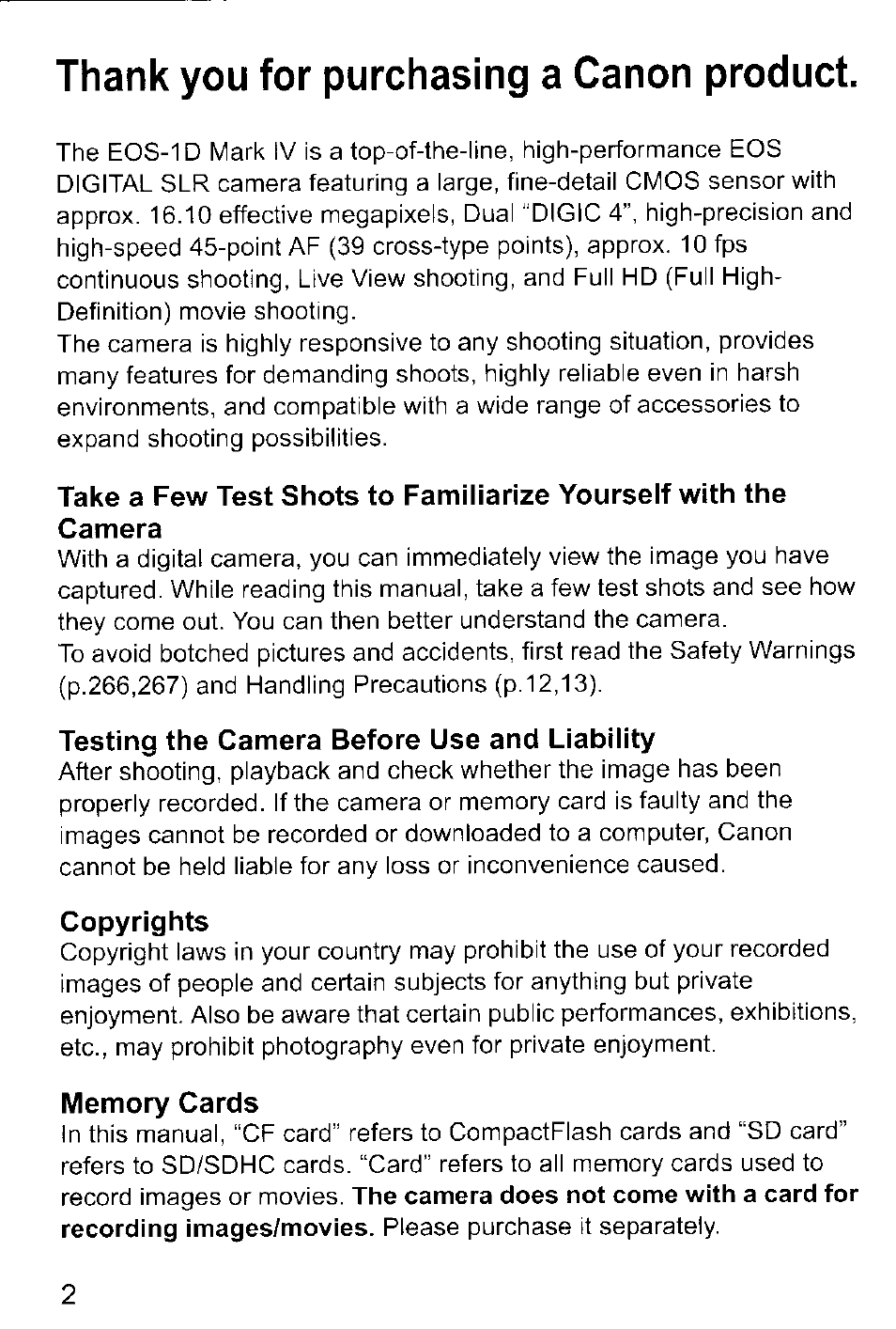 Testing the camera before use and liability, Copyrights, Memory cards | Canon EOS-1D Mark IV User Manual | Page 2 / 276