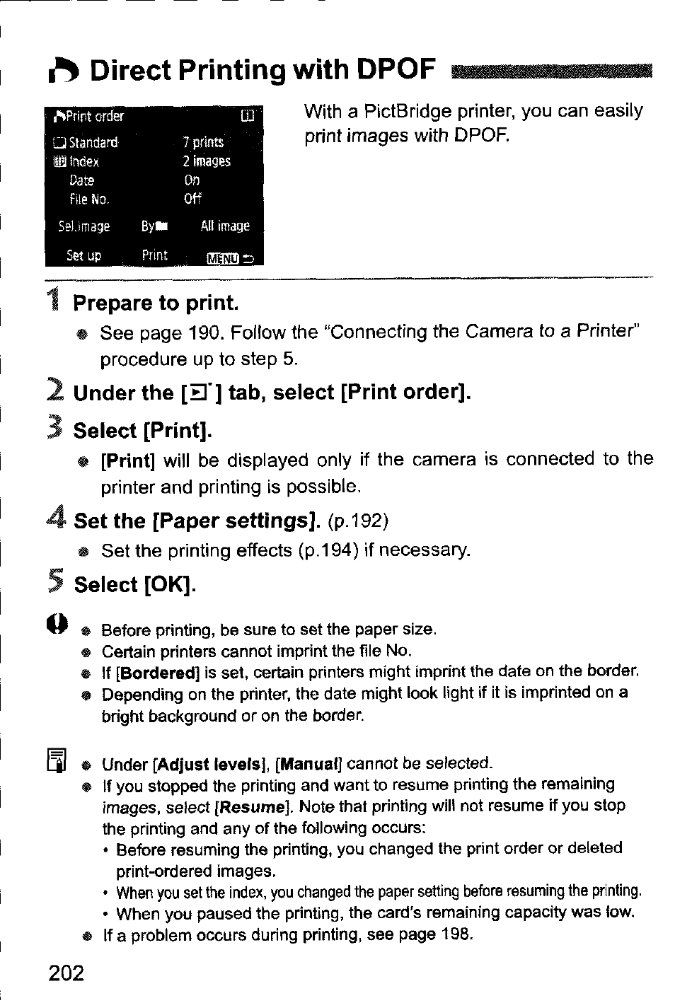 I> direct printing with dpof, 1 prepare to print, I under the [e'] tab, select [print order | 3 select [print, 4 set the [paper settings]. (p.l92), 5 select [ok, Direct printing with dpof, Prepare to print, I under the, Tab, select [print order], 3 select [print | Canon EOS-1D Mark IV User Manual | Page 202 / 276