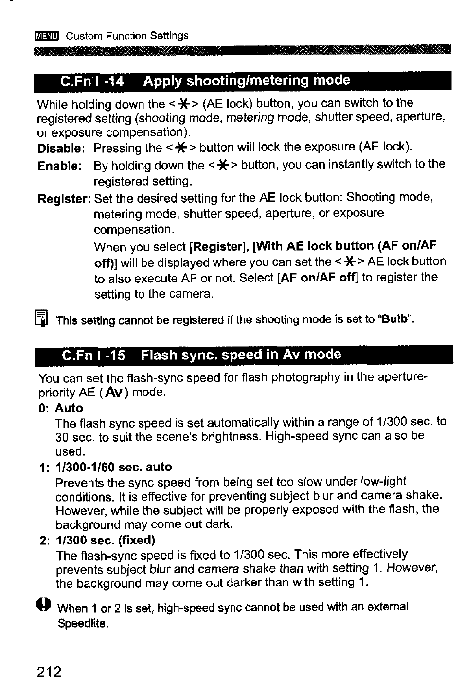 C.fn i -14 apply shooting/metering mode, C.fn i-15 flash sync, speed in av mode | Canon EOS-1D Mark IV User Manual | Page 212 / 276