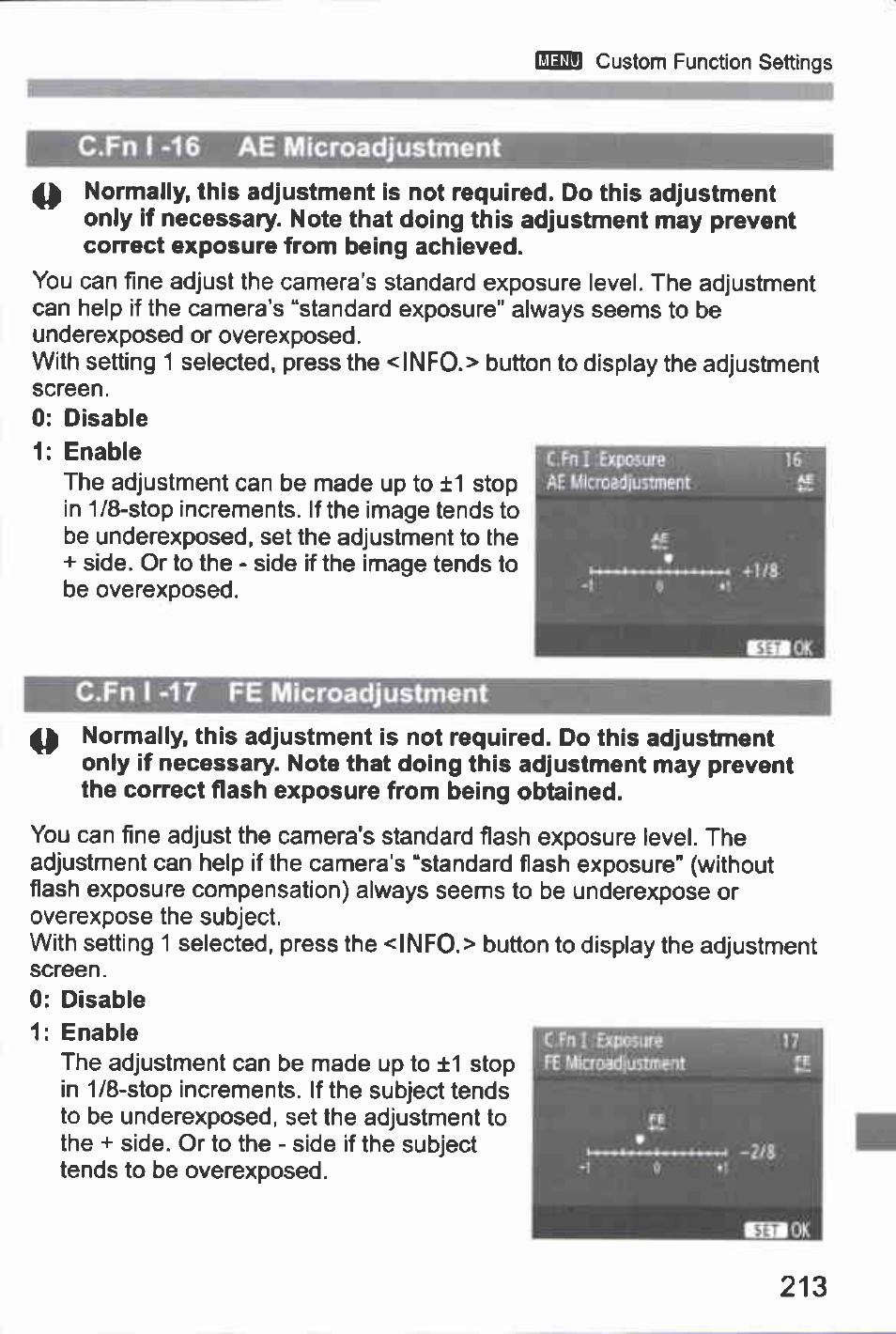 C.fn i '16 ae microadjustment, C.fn i -17 fe microadjustment | Canon EOS-1D Mark IV User Manual | Page 213 / 276