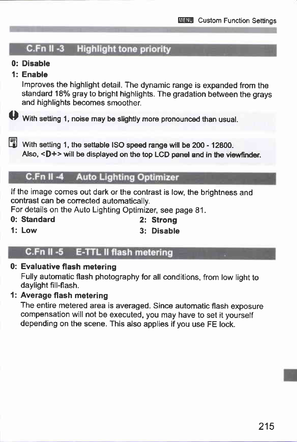 C.fn ii -3 highlight tone priority, C.fn ii -4 auto lighting optimizer, C.fn ii -5 e-ttl ii flash metering | Auto lighting optimizer | Canon EOS-1D Mark IV User Manual | Page 215 / 276