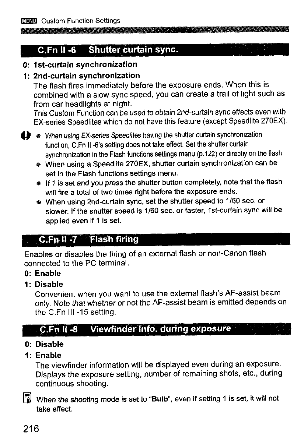 C.fn ii -6 shutter curtain sync, C.fn ii -7 flash firing, C.fn ii -8 viewfinder info, during exposure | Canon EOS-1D Mark IV User Manual | Page 216 / 276