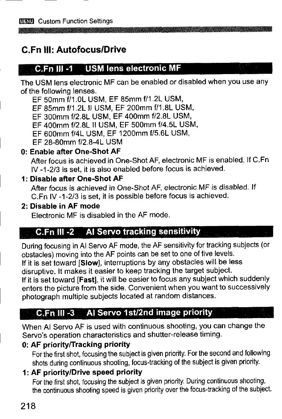 C.fn iii: autofocus/drive, C.fn jh -1 usm jens electronic mf, C.fn iii -2 al servo tracking sensitivity | C.fn iii -3 al servo 1st/2nd image priority, C.fn iii: aulofocus/drive, Al servo tracking sensitivity p.218 | Canon EOS-1D Mark IV User Manual | Page 218 / 276