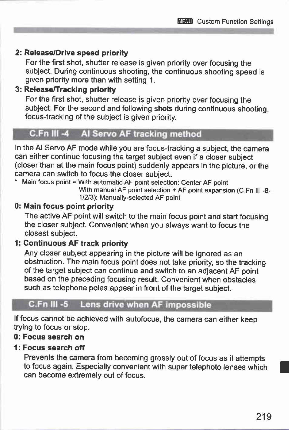 C.fn iii -4 al servo af tracking method, C.fn iii -s lens drive when af impossible | Canon EOS-1D Mark IV User Manual | Page 219 / 276