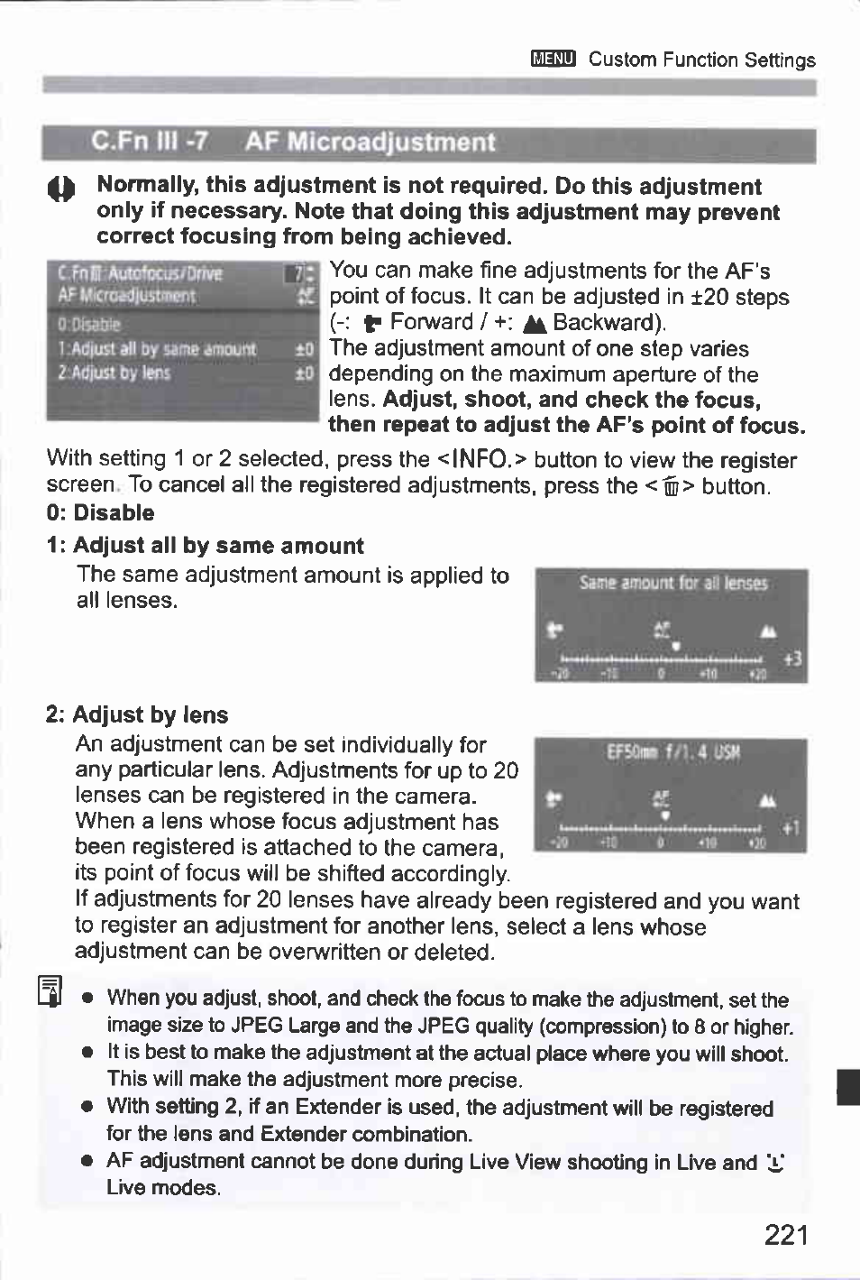 C.fn iii -7 af microadjustment | Canon EOS-1D Mark IV User Manual | Page 221 / 276