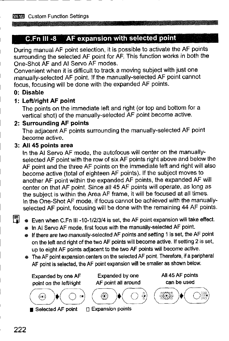 C.fn iii -8 af expansion with seiected point | Canon EOS-1D Mark IV User Manual | Page 222 / 276