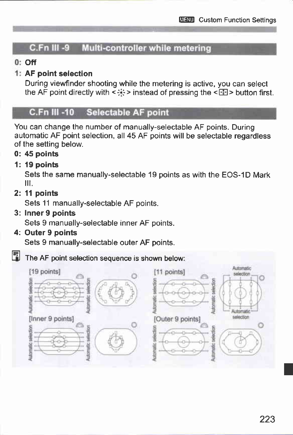 Cfn iii '9 multi-controller while metering, C.fn 111 >10 selectable af point | Canon EOS-1D Mark IV User Manual | Page 223 / 276