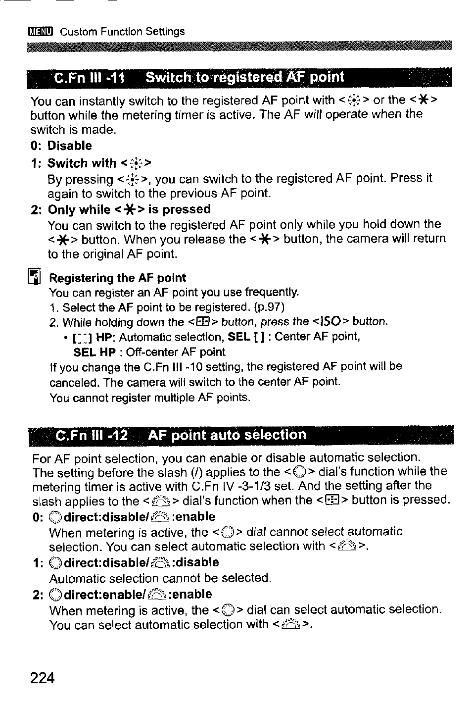 C.fn iii -11 switch to registered af point, Af point auto selection, Af point selection | P.97 | Canon EOS-1D Mark IV User Manual | Page 224 / 276