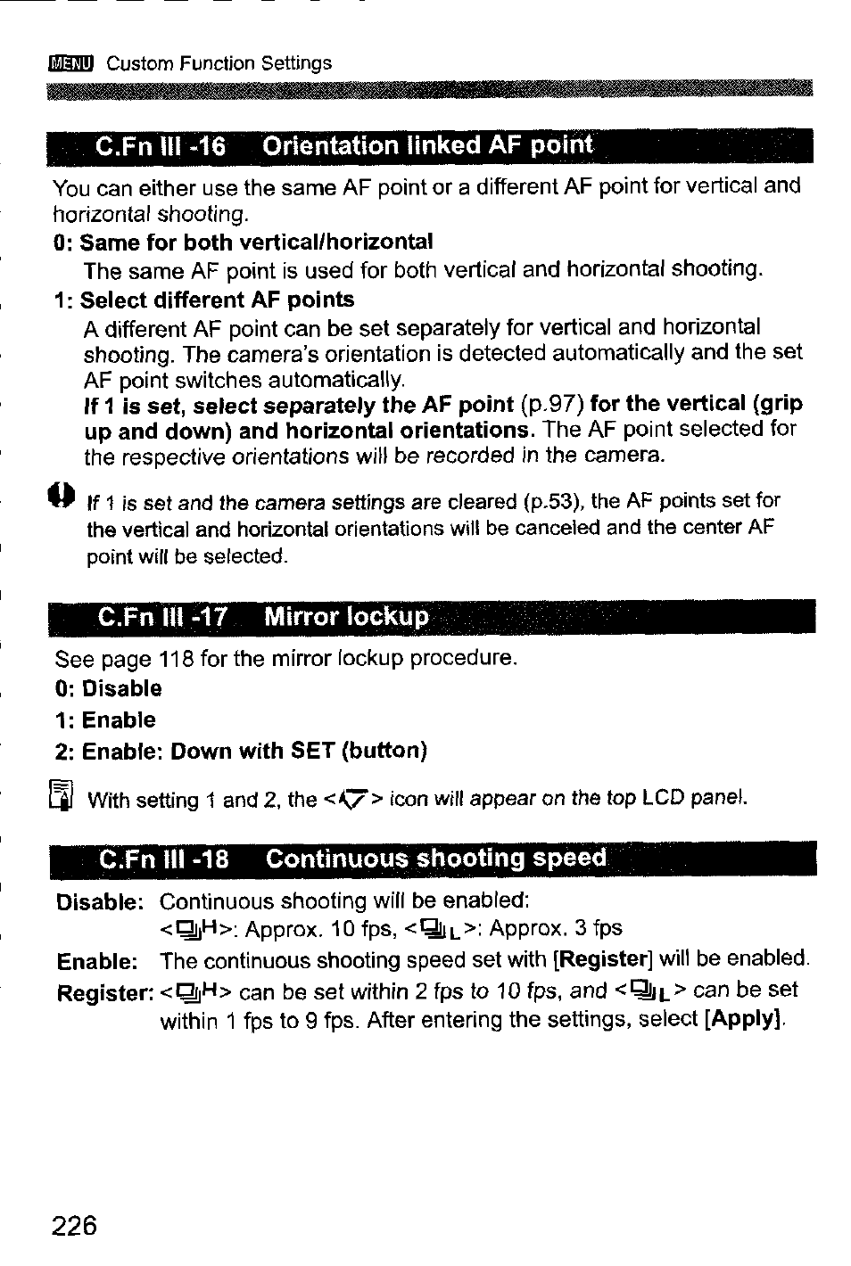 C.fn iii -16 orientation iinked af point, C.fn hi -17 mirror lockup, C.fn iii -18 continuous shooting speed | Canon EOS-1D Mark IV User Manual | Page 226 / 276