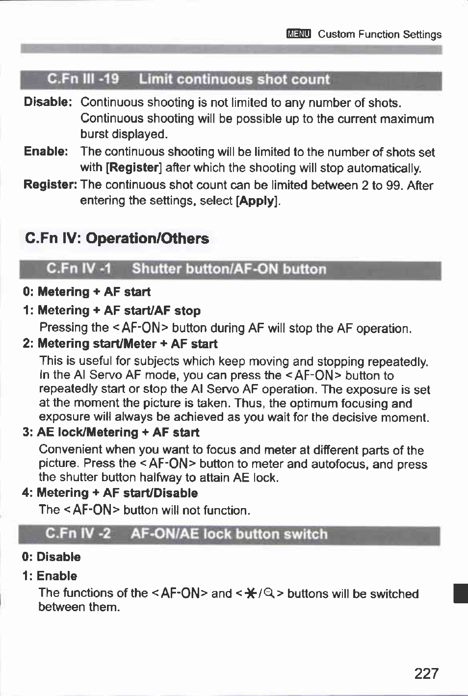C.fn iii -19 limit continuous shot count, C.fn iv: operation/others, C.fn tv -1 shutter button/af-on button | C*fn iv -2 af-onfae lock button switch, C fn iv: operation/others | Canon EOS-1D Mark IV User Manual | Page 227 / 276