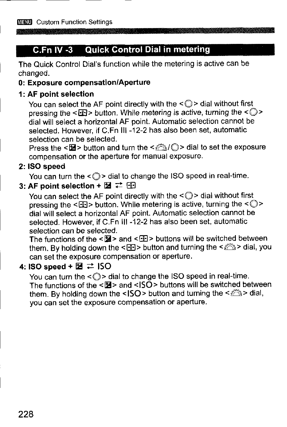 C.fn iv -3 quick control dial in metering | Canon EOS-1D Mark IV User Manual | Page 228 / 276