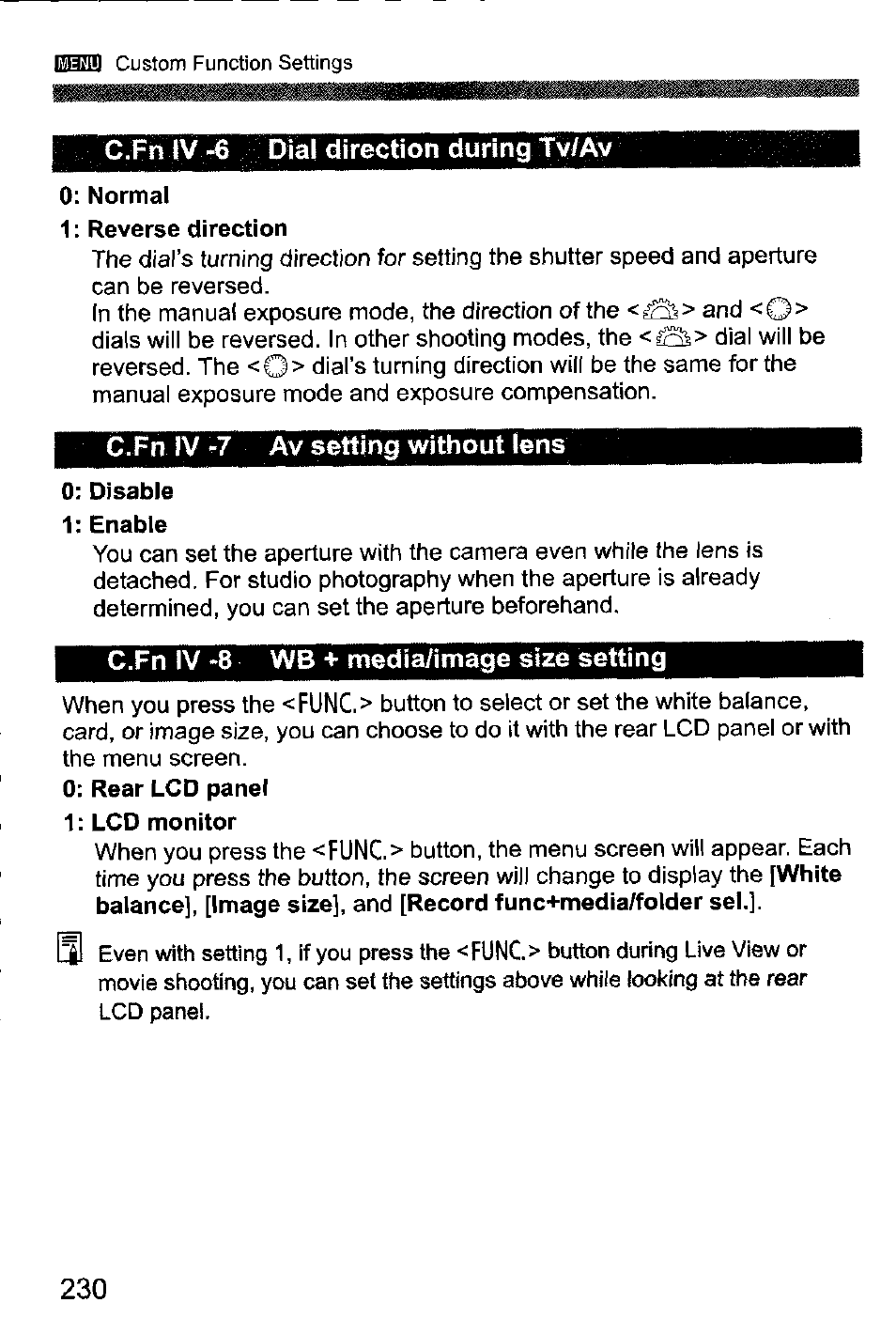 C.fn iv -6 dial direction during tv/av, C.fn iv -8 wb + media/image size setting, C.fn iv -7 av setting without lens | Canon EOS-1D Mark IV User Manual | Page 230 / 276