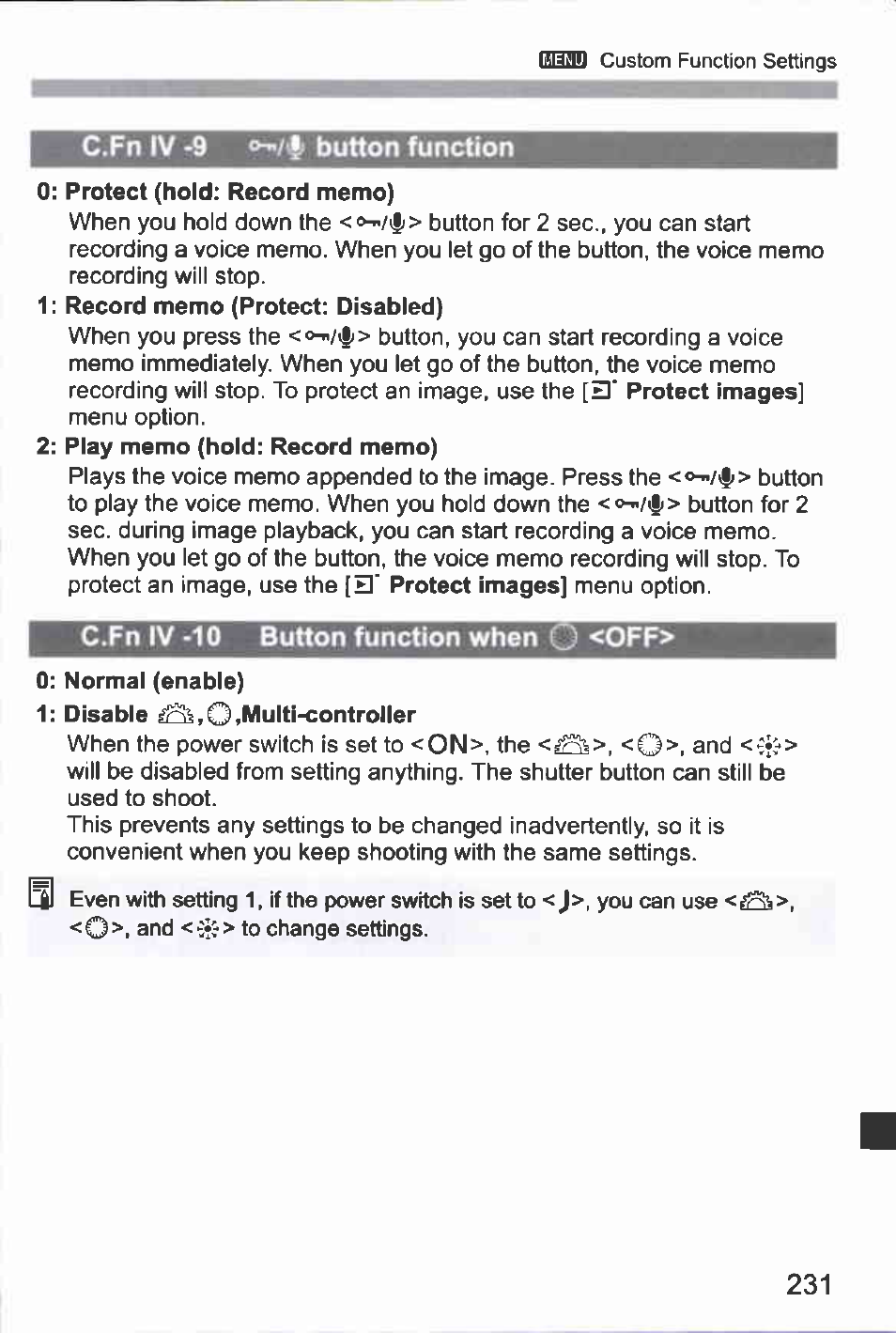 C.fn iv -9 button function, C.fn iv -10 button function when u <off | Canon EOS-1D Mark IV User Manual | Page 231 / 276