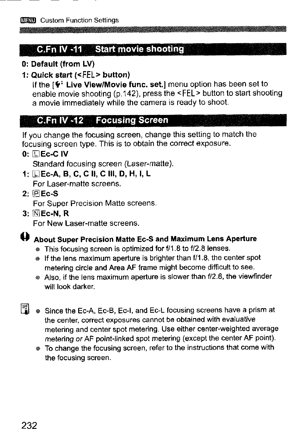 C.fn (v-11 start movie shooting, C.fn iv -12 focusing screen | Canon EOS-1D Mark IV User Manual | Page 232 / 276