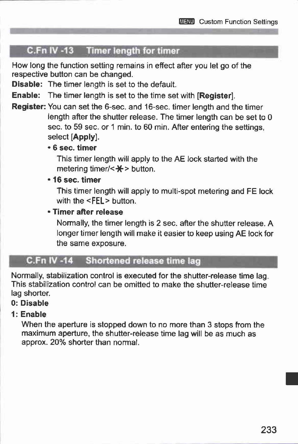 C.fn iv -13 timer length for timer, C.fn iv *14 shortened release time lag | Canon EOS-1D Mark IV User Manual | Page 233 / 276