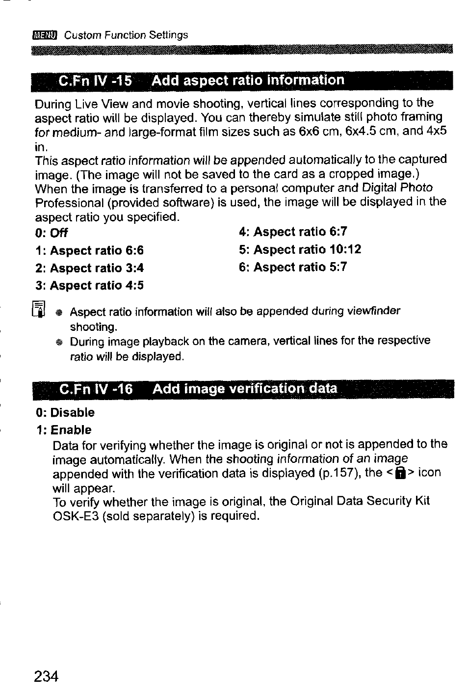 C.fn iv -15 add aspect ratio information, C.fn iv -16 add image verification data | Canon EOS-1D Mark IV User Manual | Page 234 / 276