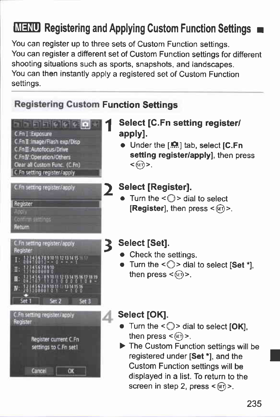 Registering custom function settings, 1 seiect [c.fn setting register, Apply | Select [register, Select [set, Custom function settings, Registering and applying custom function settings, Ijilisii?’?’,’ ’.‘vri, 1 seiect [c.fn setting register/ * apply, M select [ок | Canon EOS-1D Mark IV User Manual | Page 235 / 276